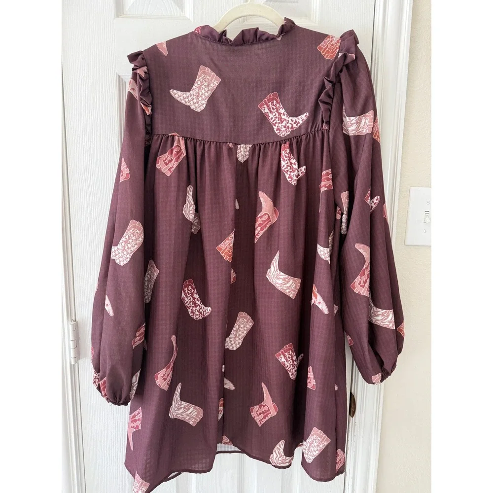 Fantastic‎ Fawn Brown Cowboy Boot Print Babydoll Dress Western Rodeo Boho L